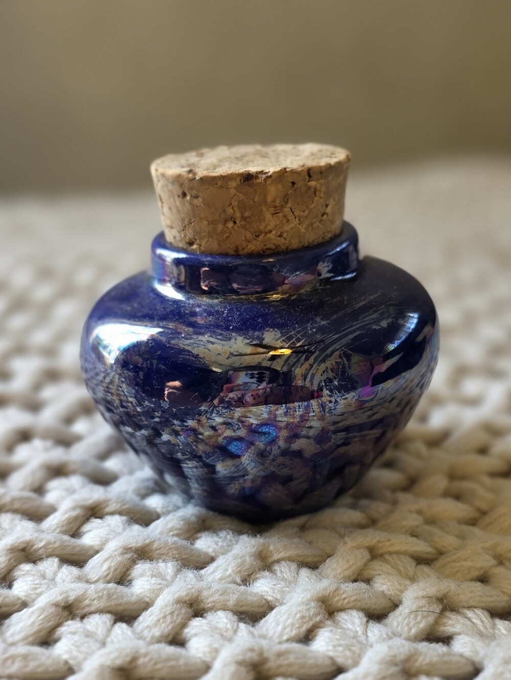 Iridescent Cobalt Blue Art Glass Potion Bottle Jar